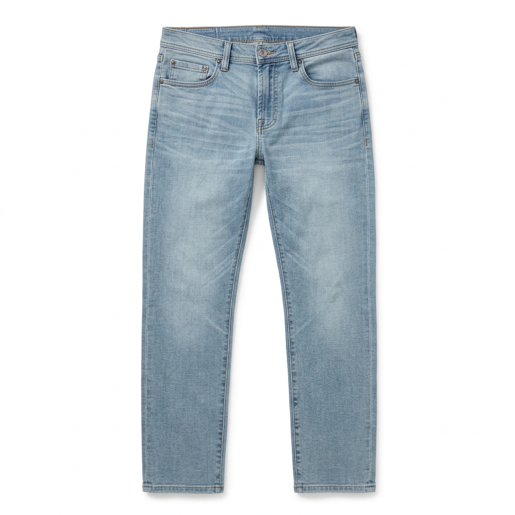 Flat lay of Regent relaxed straight jeans in the light Palos Verdes wash with whiskering and a vintage fade