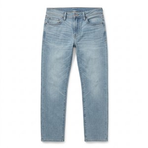 Flat lay of Regent relaxed straight jeans in the light Palos Verdes wash with whiskering and a vintage fade