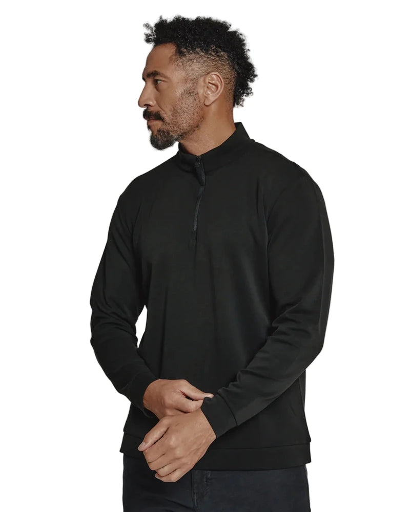 Side profile of man wearing black REV™ Quarter-Zip Pullover – classic fit, casual menswear from The Simple Man, Omaha