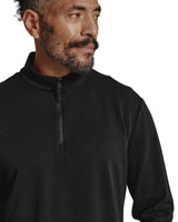 Close-up of REV™ Men's Quarter-Zip – mock neck collar and zipper detail on ultra-soft black modal fabric, premium men’s pullover