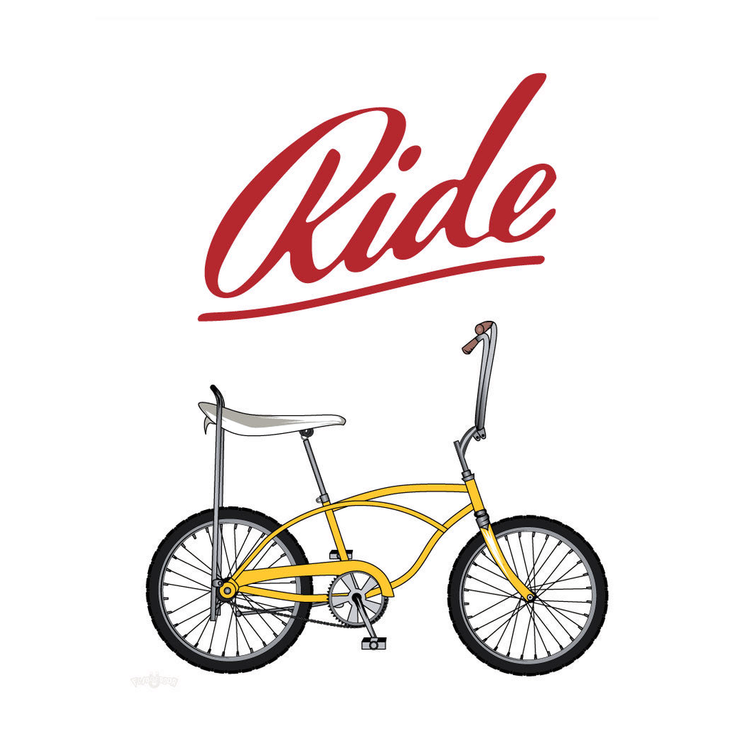 Ride Stingray bike print 11x14 flat artwork, yellow banana-seat bike with red script lettering, The Simple Man