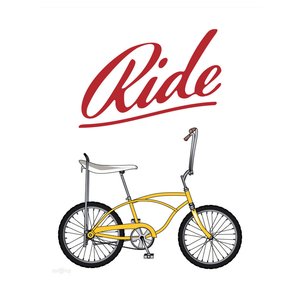 Ride Stingray bike print 11x14 flat artwork, yellow banana-seat bike with red script lettering, The Simple Man