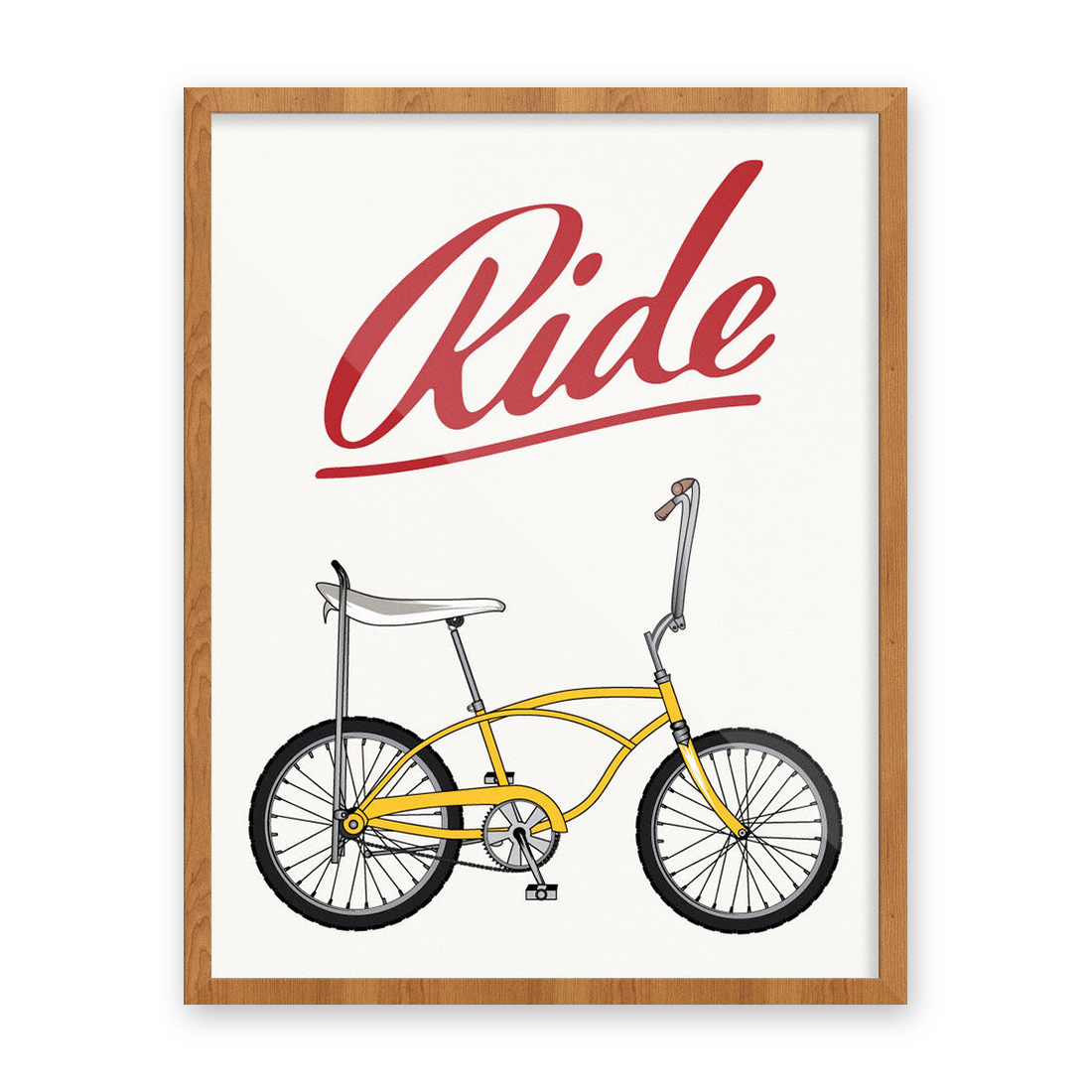 Framed Ride Stingray bike print with a yellow banana-seat bike and red script lettering on a white background, 11x14, The Simple Man