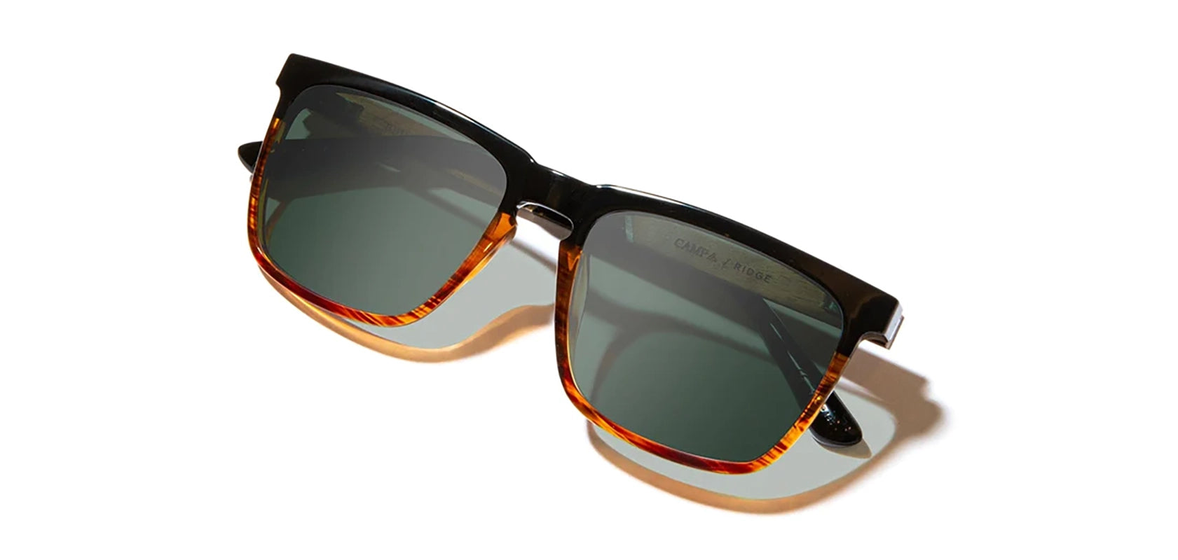 Camp Ridge Sunglasses in Black/Tortoise/Walnut frames, with Basic G15 polarized lenses, Front angled closed temple view