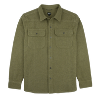 Man wearing Ridge Tweed Shirt in Olive carrying a canoe by a lake, smiling outdoors near a classic truck - The Simple Man