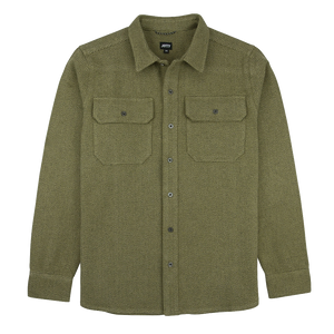 Man wearing Ridge Tweed Shirt in Olive carrying a canoe by a lake, smiling outdoors near a classic truck - The Simple Man