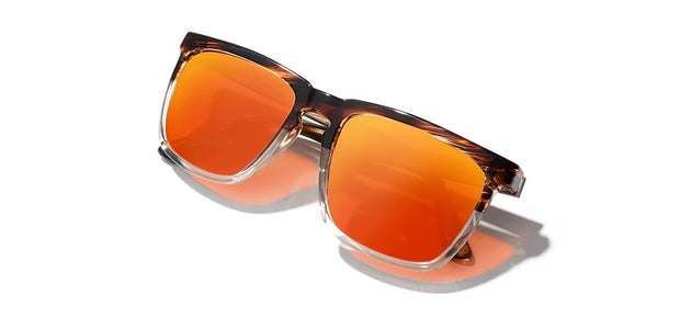 Camp Ridge sunglasses with Whiskey Soda / Walnut Frames, with HD+ Solar Flash Polarized lenses, Front Angled closed temple View