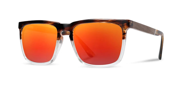 Camp Ridge sunglasses with Whiskey Soda / Walnut Frames, with HD+ Solar Flash Polarized lenses, Front Angled View