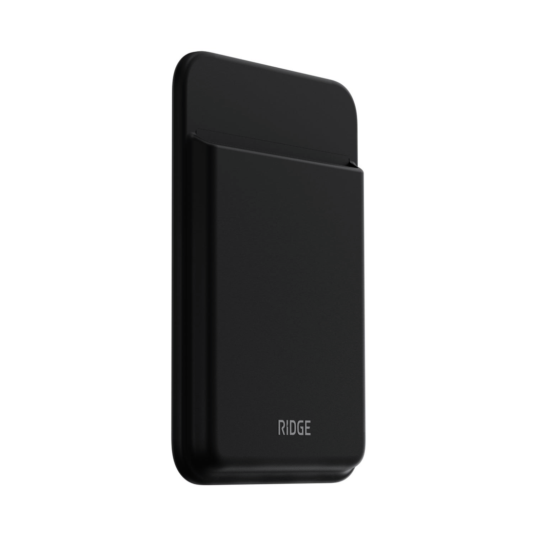 Angled side view of the Matte Black MagSafe cardholder showing its slim profile