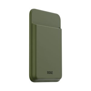 Angled side view of the Matte Olive MagSafe cardholder showing its slim profile