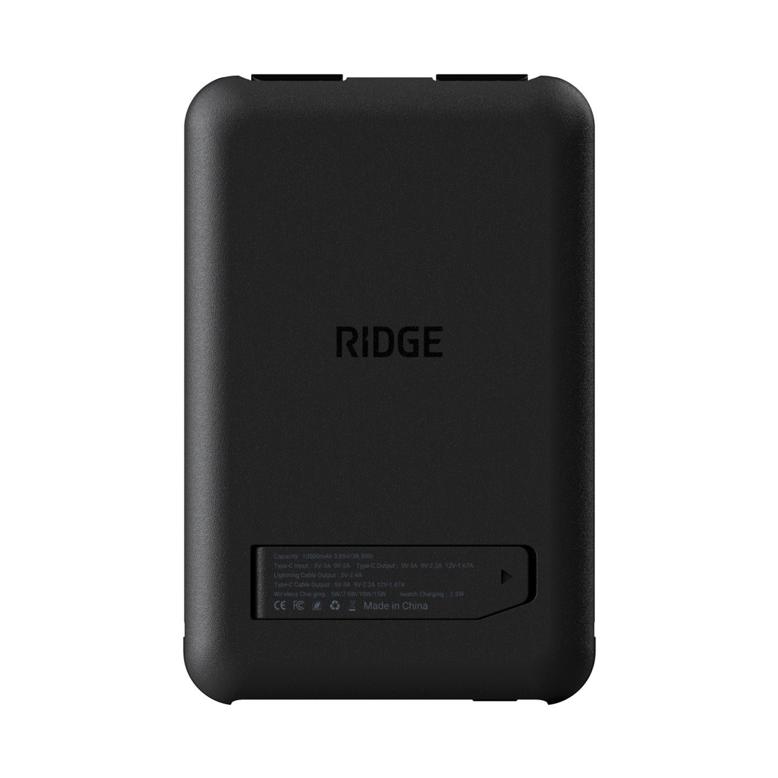 Back of the Matte Black power bank with logo and kickstand slot