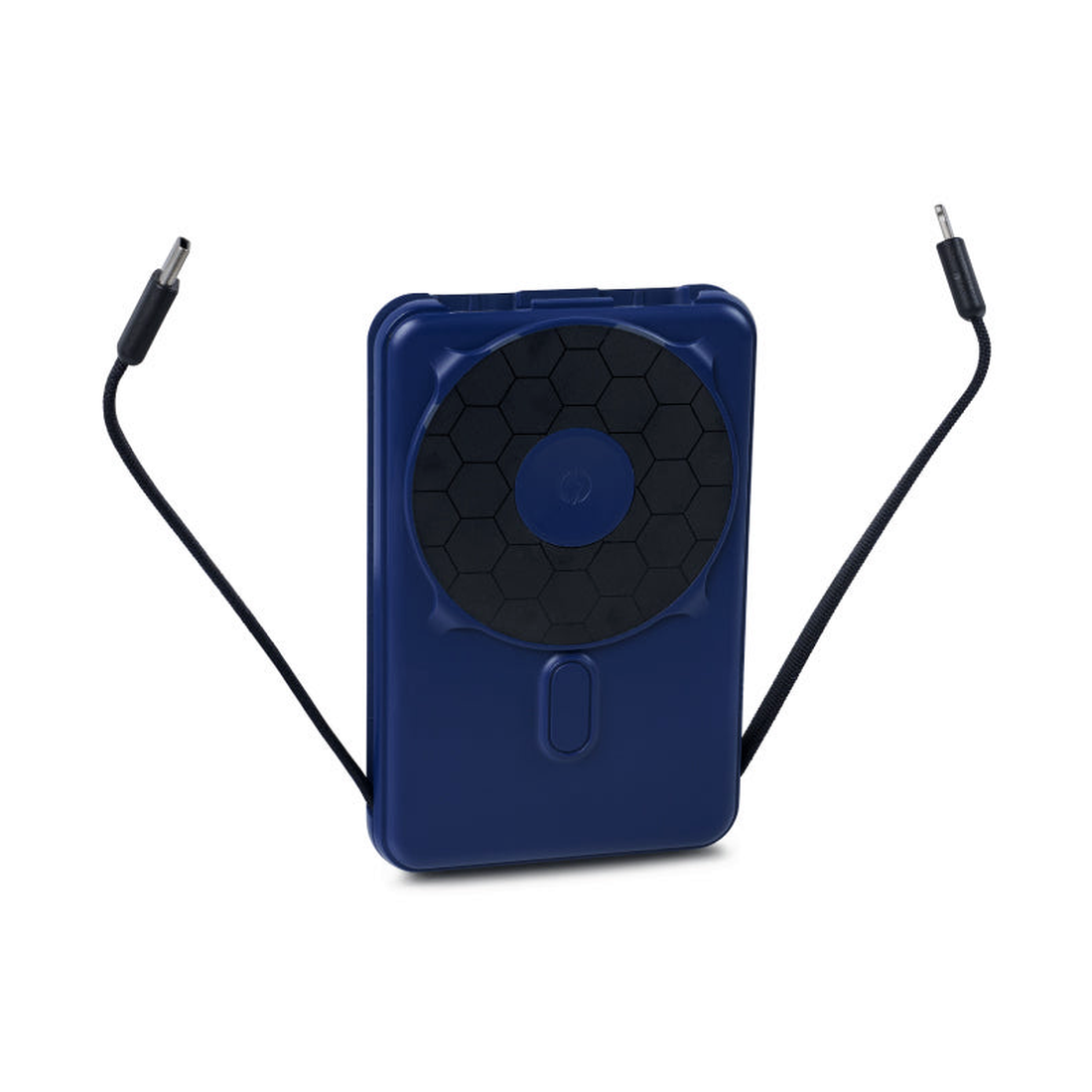 Dark Harbor power bank with its built-in USB-C and Lightning cables pulled out