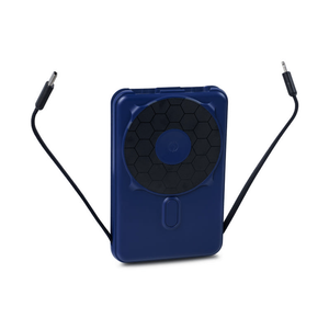Dark Harbor power bank with its built-in USB-C and Lightning cables pulled out