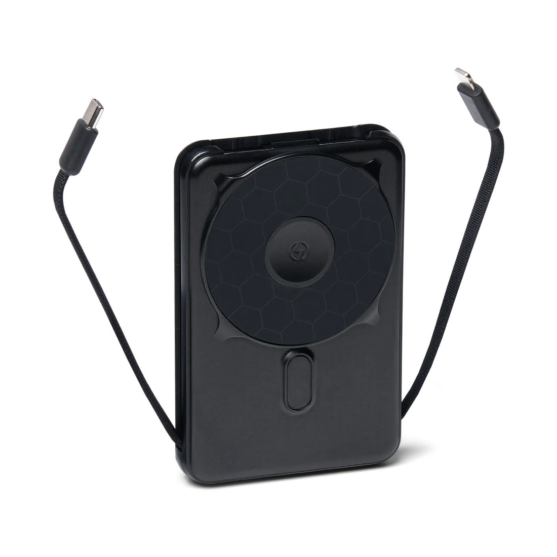 Matte Black power bank with its built-in USB-C and Lightning cables pulled out