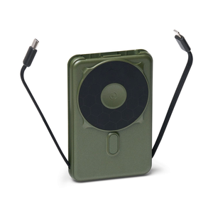 Matte Olive power bank with its built-in USB-C and Lightning cables pulled out