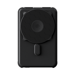 Matte Black 10,000 mAh MagSafe power bank, front view with magnetic charging pad and kickstand