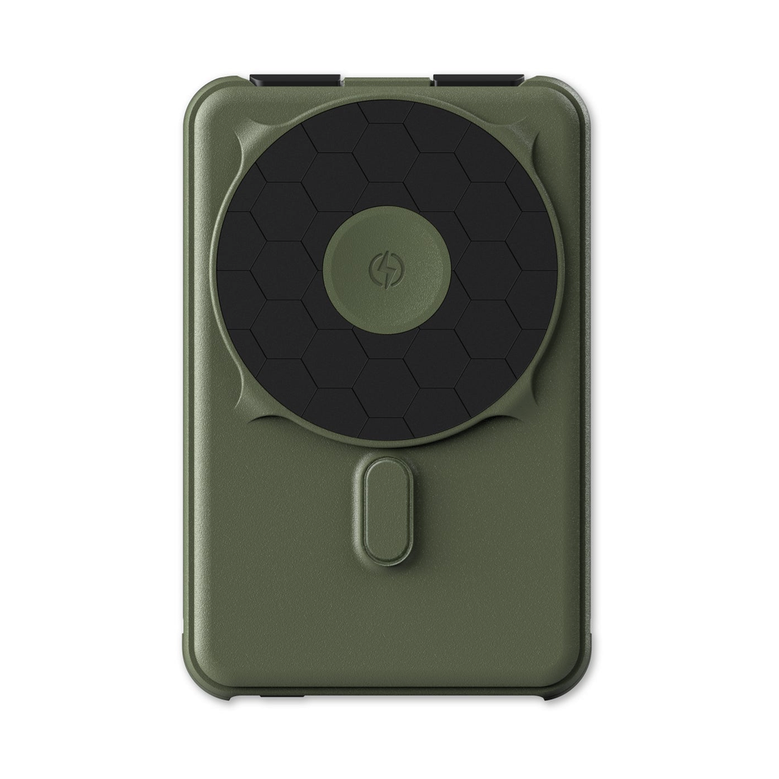 Matte Olive 10,000 mAh MagSafe power bank, front view with magnetic charging pad and kickstand