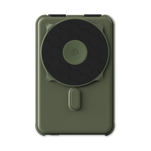 Matte Olive 10,000 mAh MagSafe power bank, front view with magnetic charging pad and kickstand