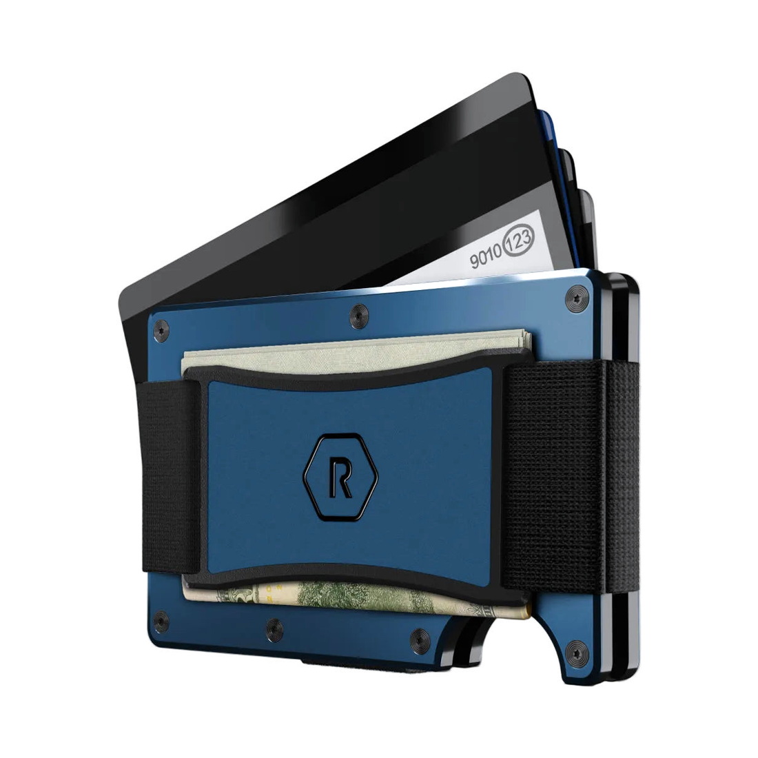 Alpine Navy wallet tilted to show a fan of cards and cash in the Cash Strap