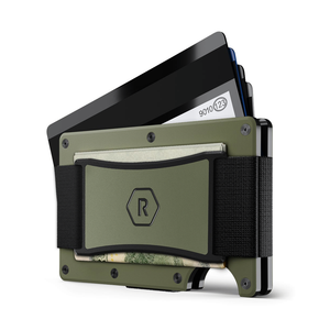 Matte Olive wallet angled open with cards and bills in the Cash Strap