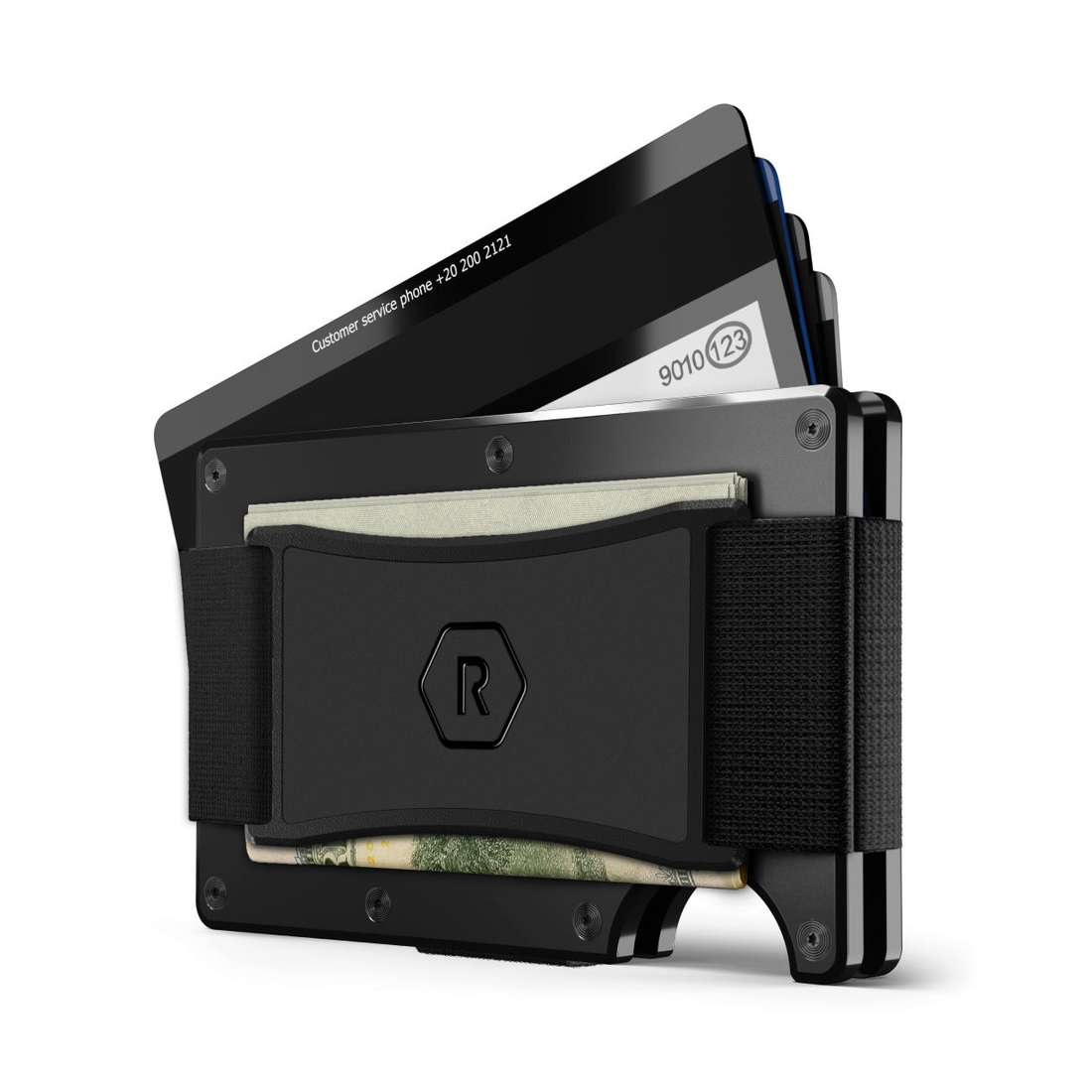 Royal Black aluminum wallet angled open, cards fanned out and cash tucked under the Cash Strap