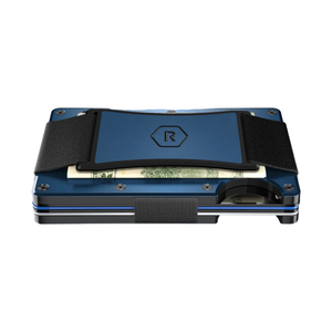 Low side view of the Alpine Navy wallet, Cash Strap wrapped around folded bills