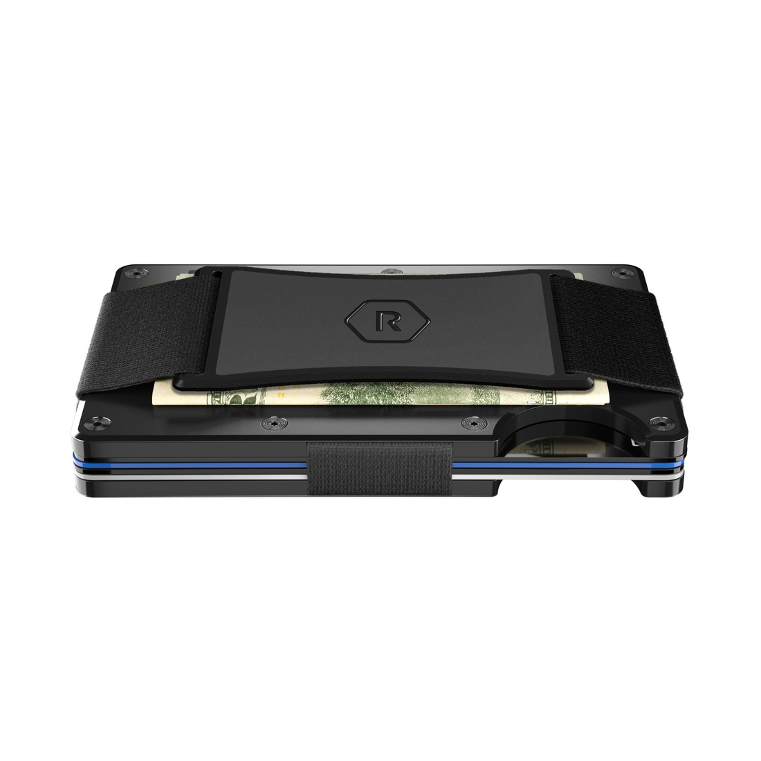 Side view of the Royal Black wallet with folded bills held by the elastic Cash Strap