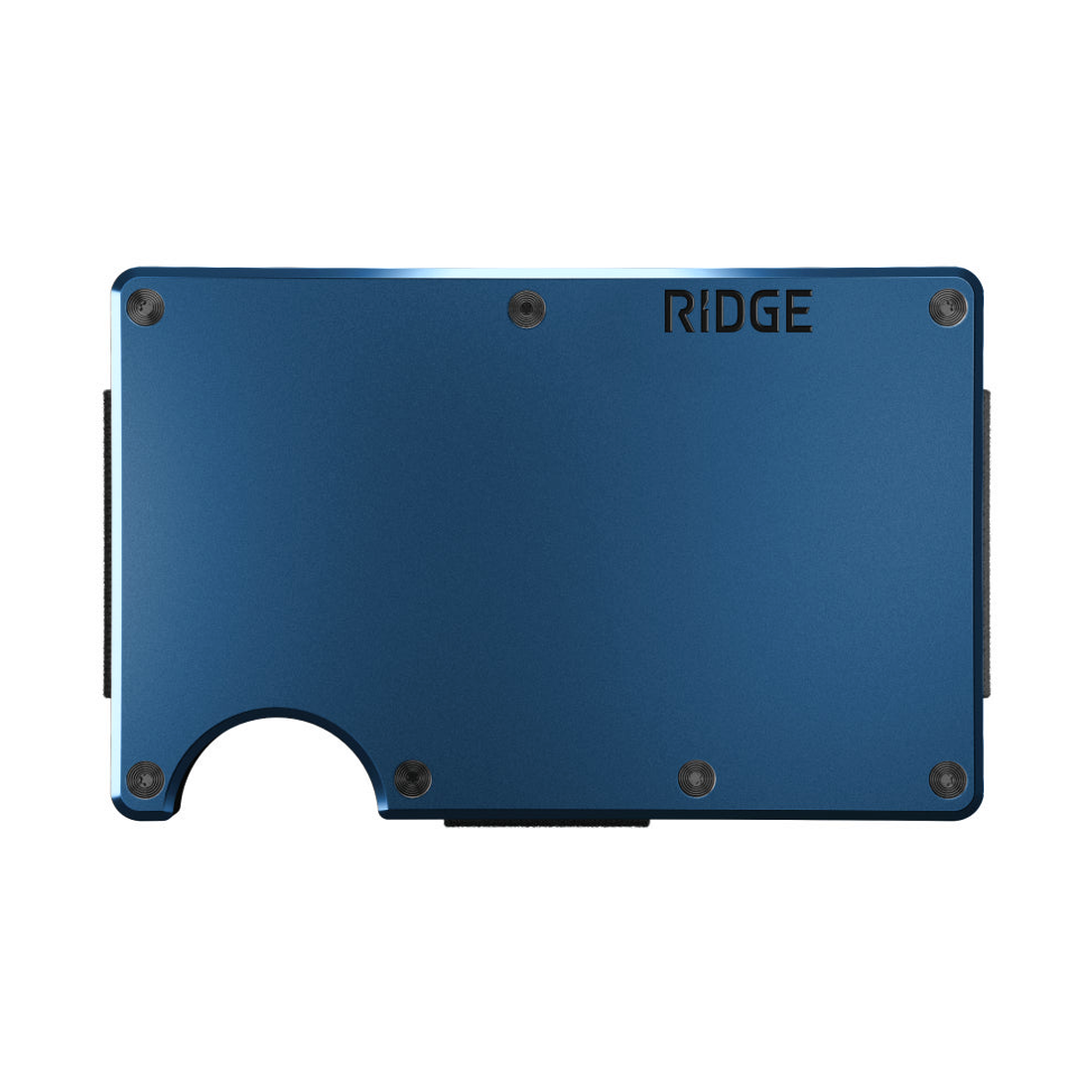Alpine Navy anodized aluminum wallet, flat front view with RFID-blocking plate
