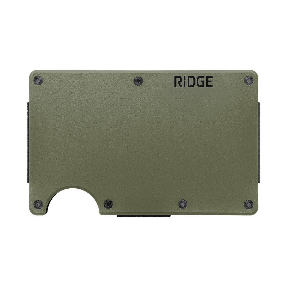 Matte Olive powder-coated aluminum wallet, front view with logo and thumb notch
