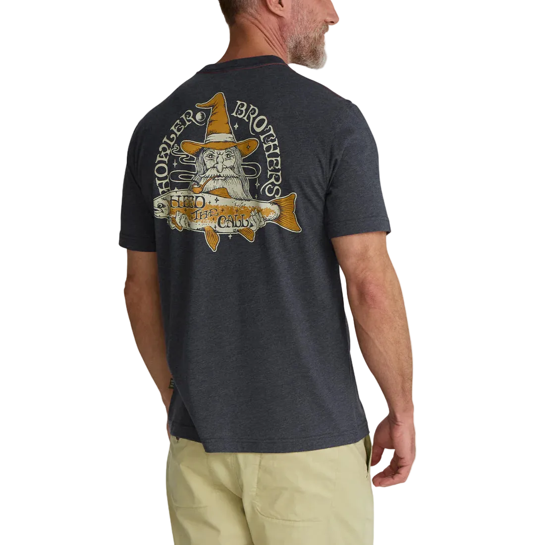 Howler Brothers River Wizard T-Shirt Navy Heather back view mens graphic tee regular fit cotton poly blend