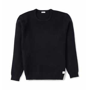 Rivers Sweater in Black, flat lay front view of a classic fit crew neck with a woven patch label at the hem