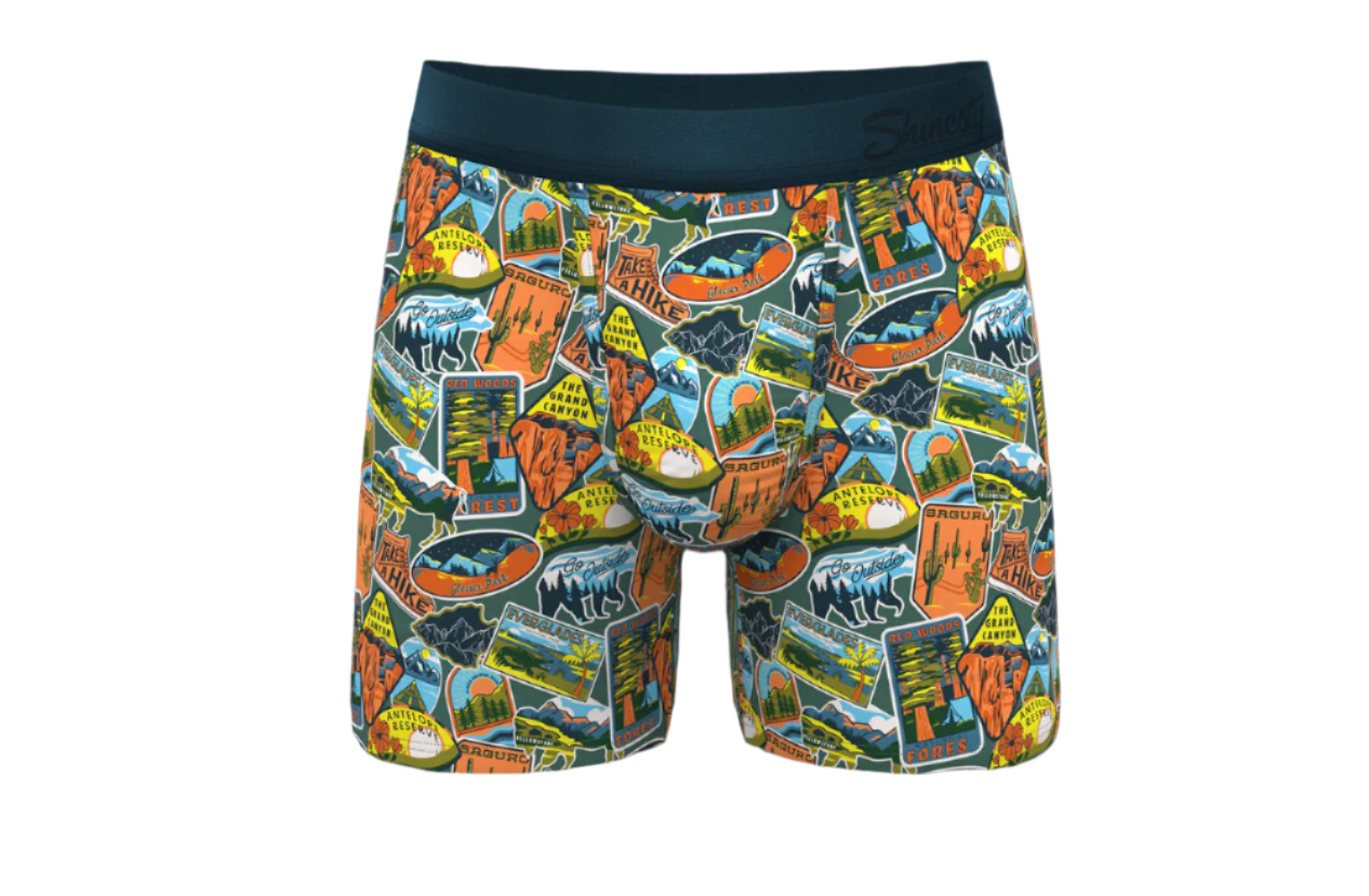 Shinesty Road Trip Boxer Briefs for Men – Front view with travel-inspired patch print and breathable waistband – The Simple Man