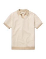 The Normal Brand Robles Knit Jacquard Polo flat lay ivory khaki – 100% cotton micro float jacquard contrast rib collar cuffs hem white background