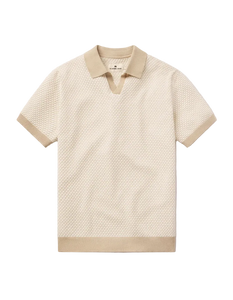 The Normal Brand Robles Knit Jacquard Polo flat lay ivory khaki – 100% cotton micro float jacquard contrast rib collar cuffs hem white background