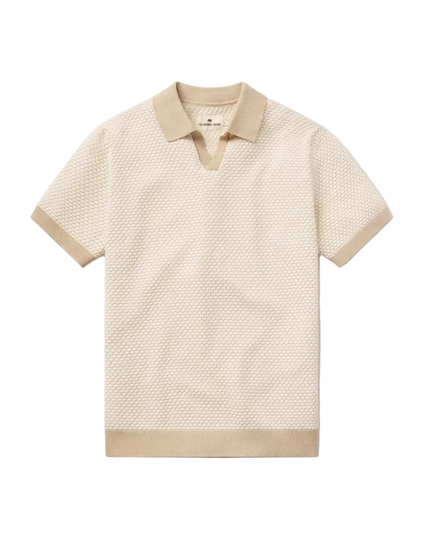 The Normal Brand Robles Knit Jacquard Polo flat lay ivory khaki – 100% cotton micro float jacquard contrast rib collar cuffs hem white background