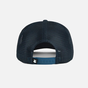 Back view of navy Jetty Rocket mesh snapback hat with adjustable closure