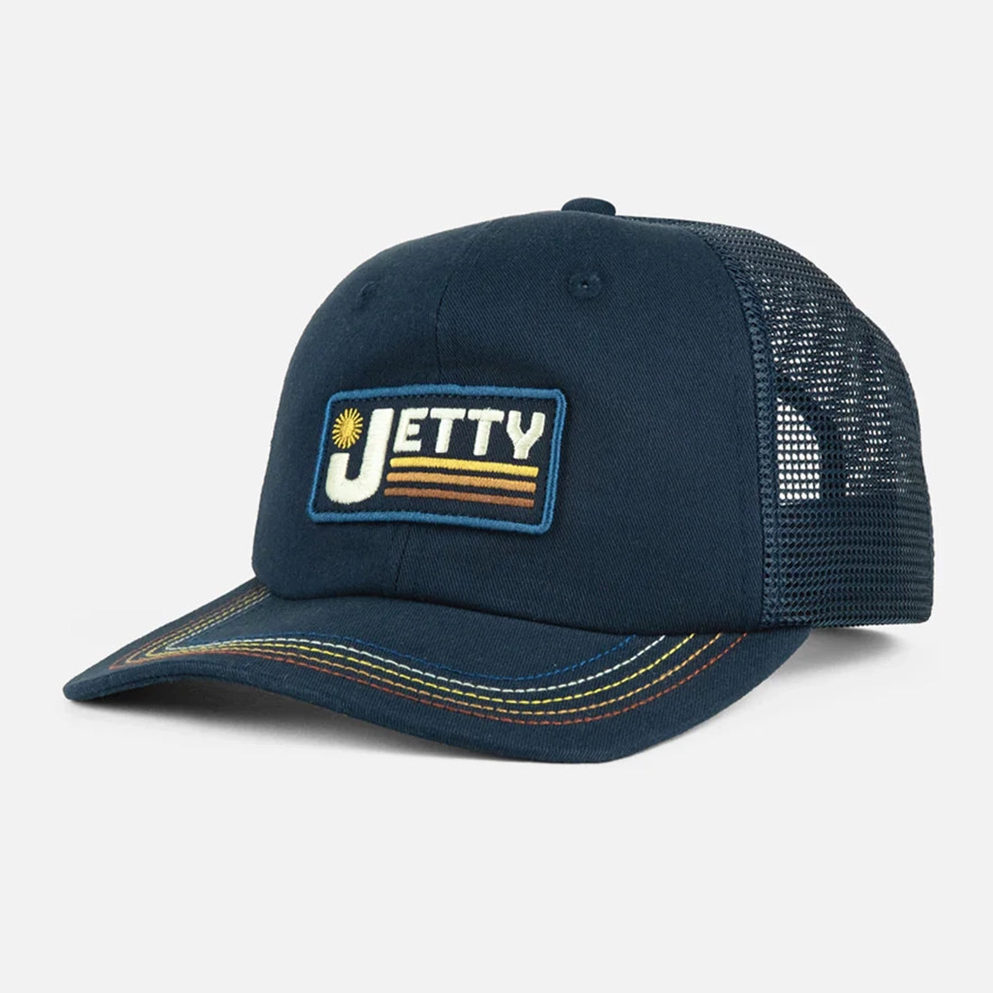 Navy Jetty Rocket snapback hat with embroidered patch and multi color stitched visor front view