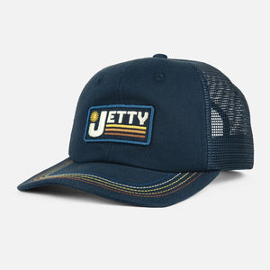 Navy Jetty Rocket snapback hat with embroidered patch and multi color stitched visor front view