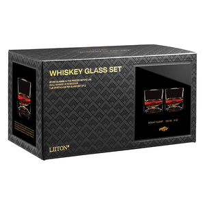 LIITON Rocky Mountains whiskey glass set packaging showing two 3D Mount Elbert bourbon glasses in black gift box