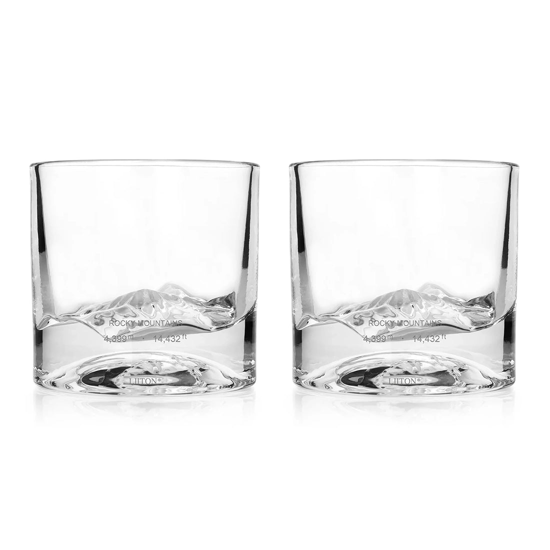 Set of two LIITON Rocky Mountains whiskey glasses featuring 3D Mount Elbert replica sculpted inside each glass