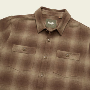 Flat lay detail of Rodanthe Blanket Flannel showing front chest pockets, collar, and Howler Bros label – 100% cotton heavyweight shirt-jacket