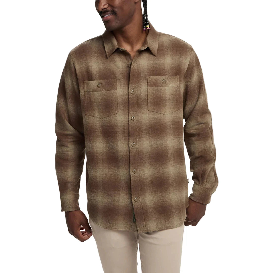 Front view of Rodanthe Blanket Flannel worn open by model – plaid cotton flannel shirt with dual chest pockets and button closure