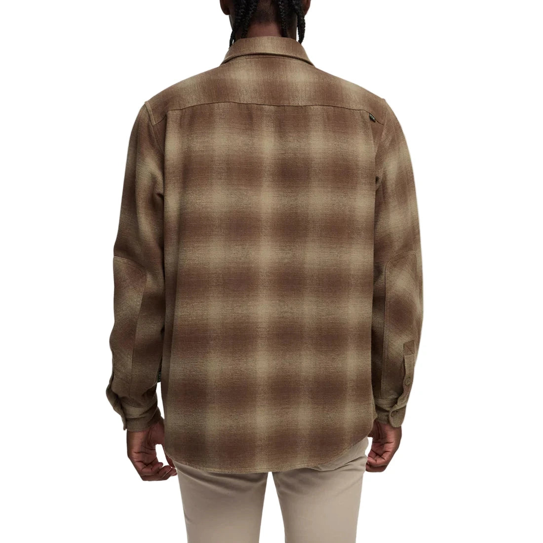 Back view of Rodanthe Blanket Flannel in Aloe color worn by model – brown ombré plaid heavyweight flannel shirt