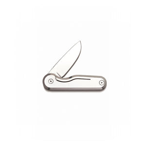 Stainless steel Rook Knife with the drop point blade open, side view - The Simple Man