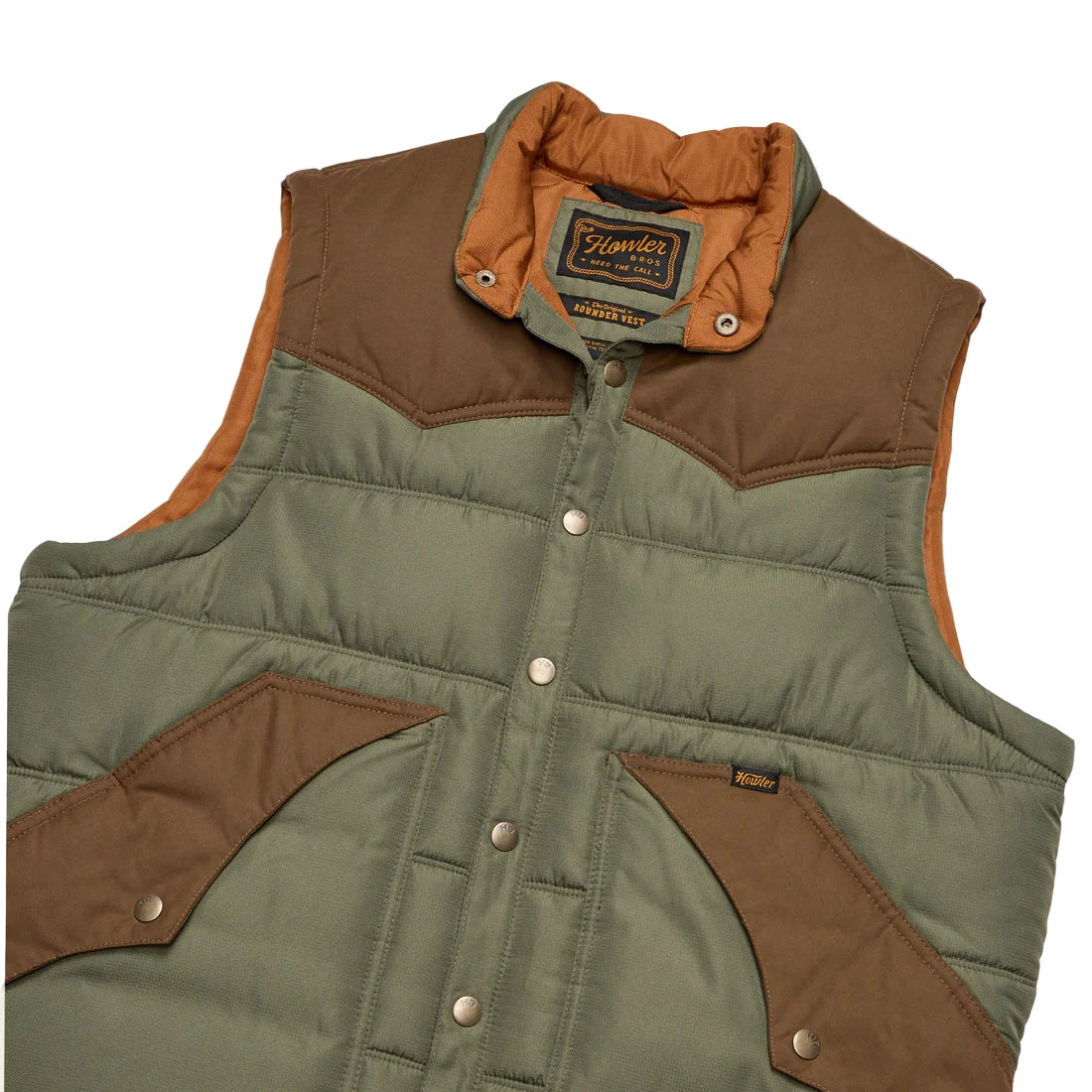 Flat lay of Howler Brothers Rounder Vest – Interior collar lining and western yoke detail in Oregano/Cocoa – The Simple Man