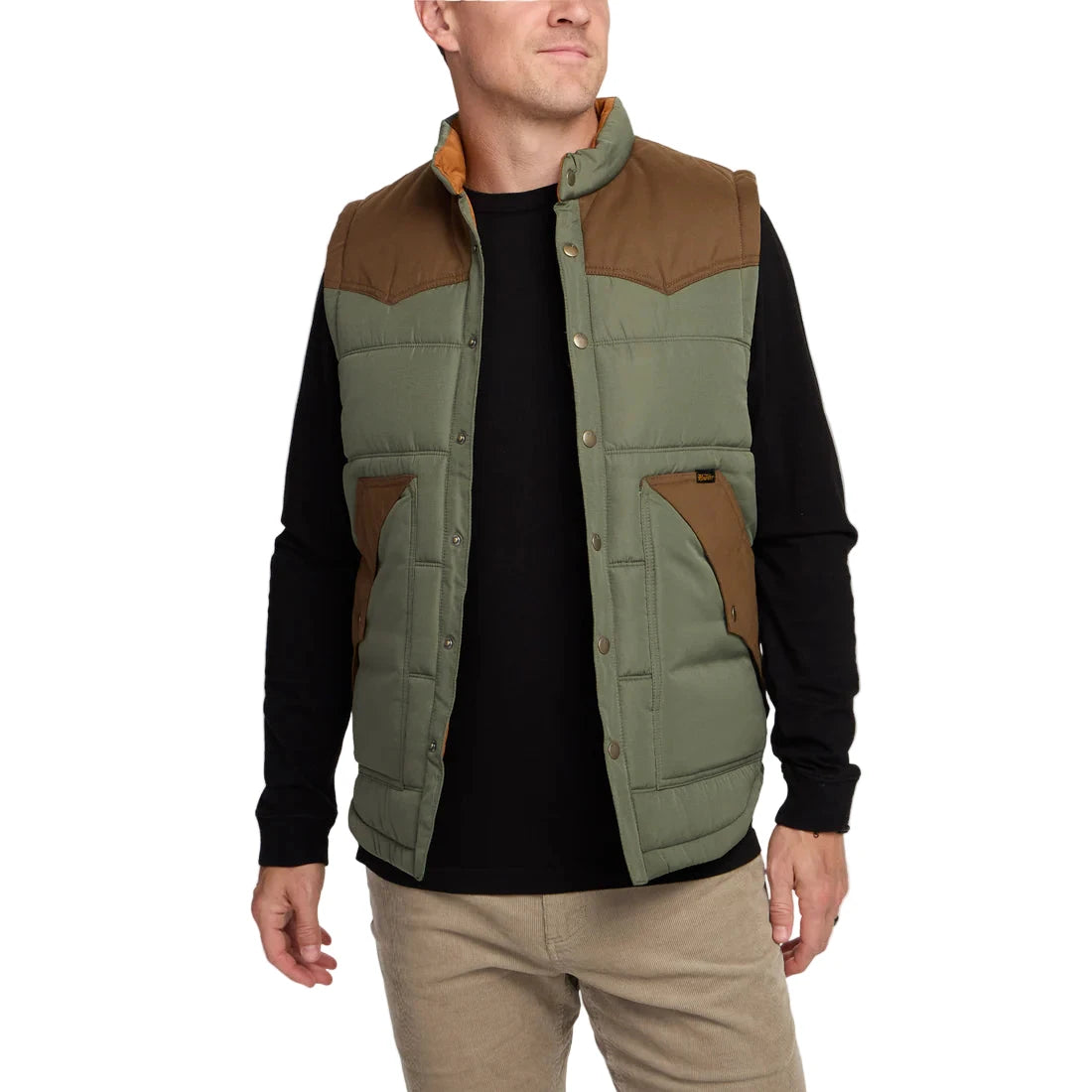Howler Brothers Rounder Vest – Front view showing dual hand pockets and snap-button placket in Oregano/Cocoa – The Simple Man