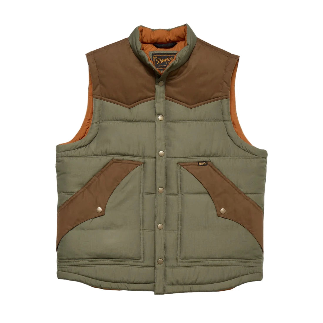 Howler Brothers Rounder Vest in Oregano/Cocoa – Quilted front view with contrast pockets and snap closures – The Simple Man