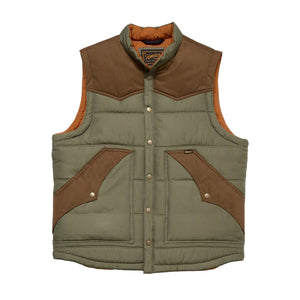 Howler Brothers Rounder Vest in Oregano/Cocoa – Quilted front view with contrast pockets and snap closures – The Simple Man