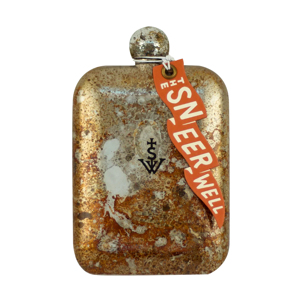 Back view of Sneerwell Salty Old Bastard flask with patina finish and logo tag – stainless steel men’s gift from The Simple Man