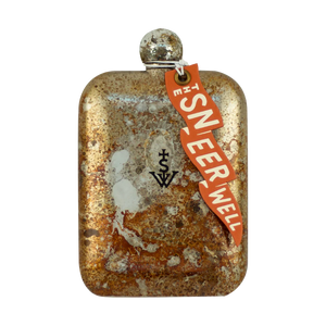 Back view of Sneerwell Salty Old Bastard flask with patina finish and logo tag – stainless steel men’s gift from The Simple Man